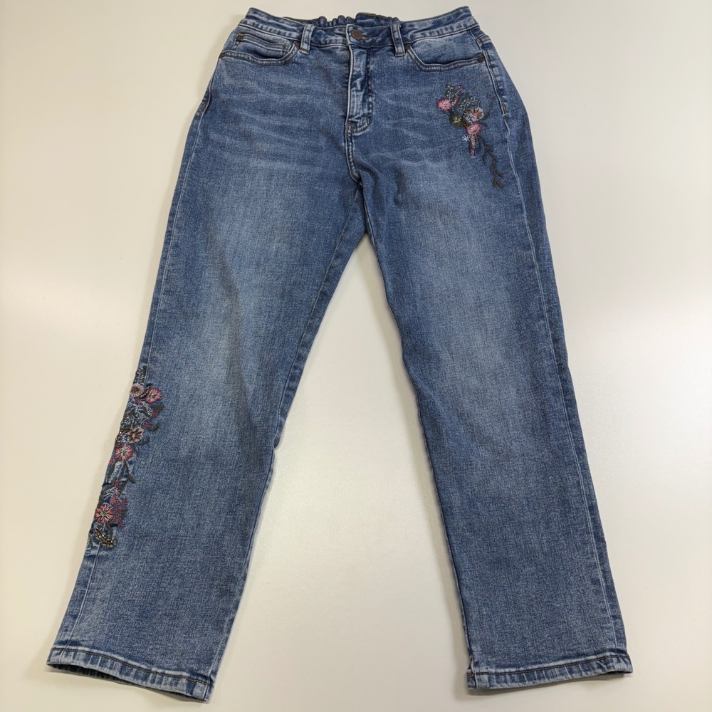 Women's Size 2 Jeans Floral Embroidered Stretch Straight Leg Boho Blue Denim - Picture 1 of 10